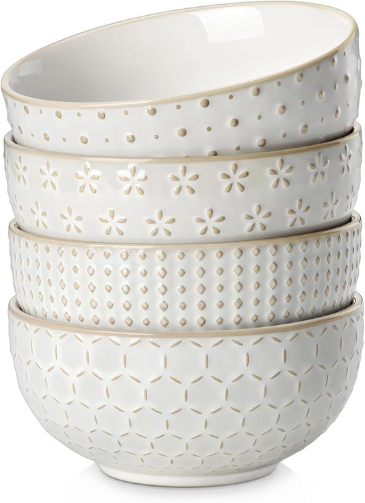 MALACASA Cereal Bowls, 30 Ounce Ceramic Soup Bowl for Kitchen, Stoneware Bowls Set of 4 with Embossment for Pho, Chip, Fruits, Salad, Noodle, Ramen - 6 Inch, Arctic White Series LYDIA