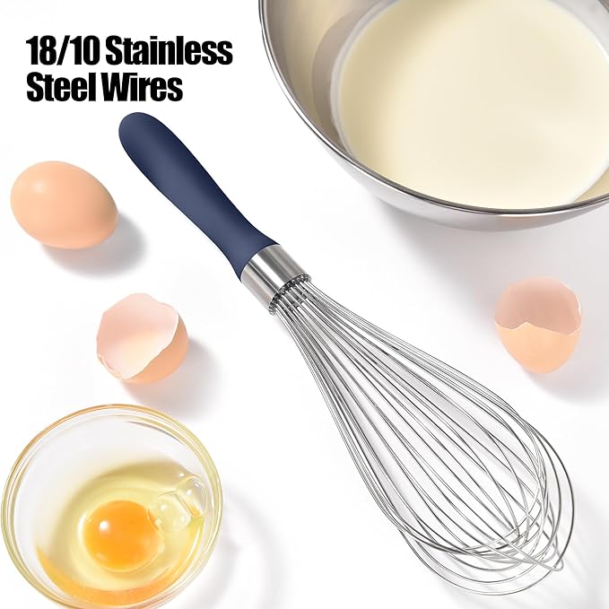 18/8 Stainless Steel Balloon Whisk, Doosu Kitchen Whisk for Cooking Handheld Egg Beater with Rust-Proof Sturdy Wires & Non-Slip Silicone Handle for Beating, Stirring, Blending (12 Wires, Navy Blue)
