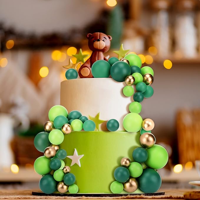 108 Pcs Balls Cake Topper DIY Cupcake Insert Foam Balloons for Cake Baking Wedding Anniversary Birthday Decoration(Assorted Green, Gold,Multi Sizes)
