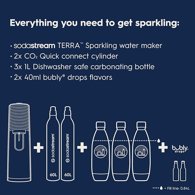 SodaStream Terra Sparkling Water Maker Bundle (White), with CO2, DWS Bottles, and Bubly Drops Flavors