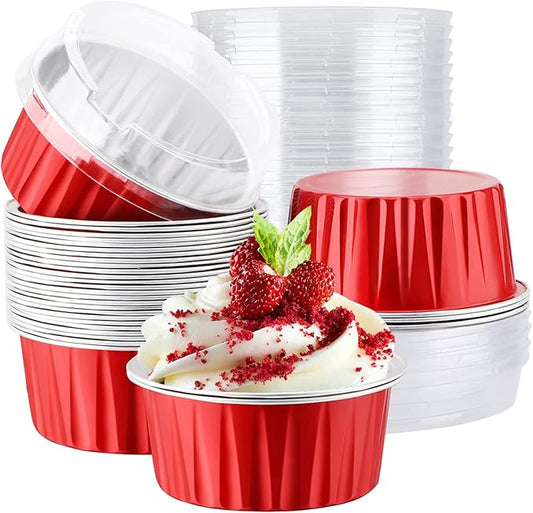 EUSOAR Disposable Ramekins, 30pcs 5oz Aluminum Foil Cupcake Baking Cups Containers with Lids, Dessert Cups Mini Aluminum Cheesecake Pan Creme Brulee Ramekins - Red