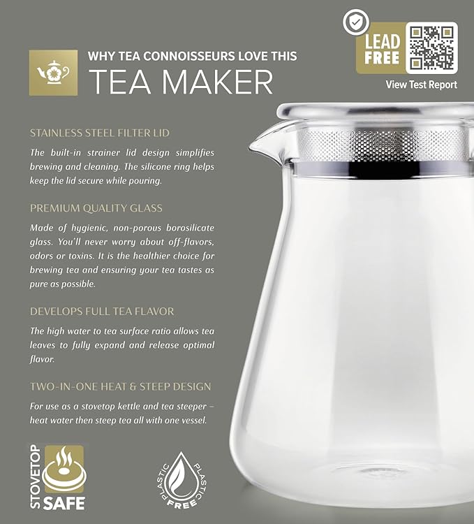 Teabloom One-Touch Tea Maker, 2-in-1 Teapot and Kettle with Stainless Steel Filter Lid for Loose Tea – Stain-free Borosilicate Glass Tea Pot (15 Oz) – Tea Connoisseur's Choice