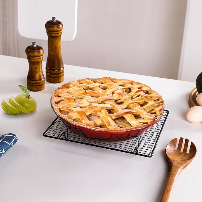 Lareina Pie Pans for Baking, Ceramic 9 Inch Deep Pie Dish with Rippled Edge for Apple Pie, Pecan Pie, Colorful and Durable Pie Plate, Christmas Gifts for Women, Set of 2, Red