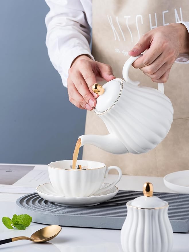 Jusalpha Fine China Pink Teapot and Creamer Sugar Bowl Set, TW (White)