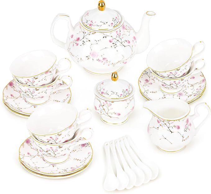 fanquare 21-Piece Gold Vine Floral Porcelain Tea Sets with Sugar Bowl Creamer Teacups, English Bone China Tea Service for Women TeaParty Family Gathering Home Décor