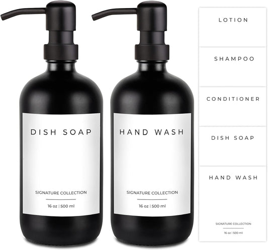 Emerson Essentials Soap Dispenser Set, Dish Soap for Kitchen, Bathroom Set - Hands and Dishes for Home, Farmhouse, Glass Soap Dispenser with Pump and Labels | 16 Oz, 2 Pack