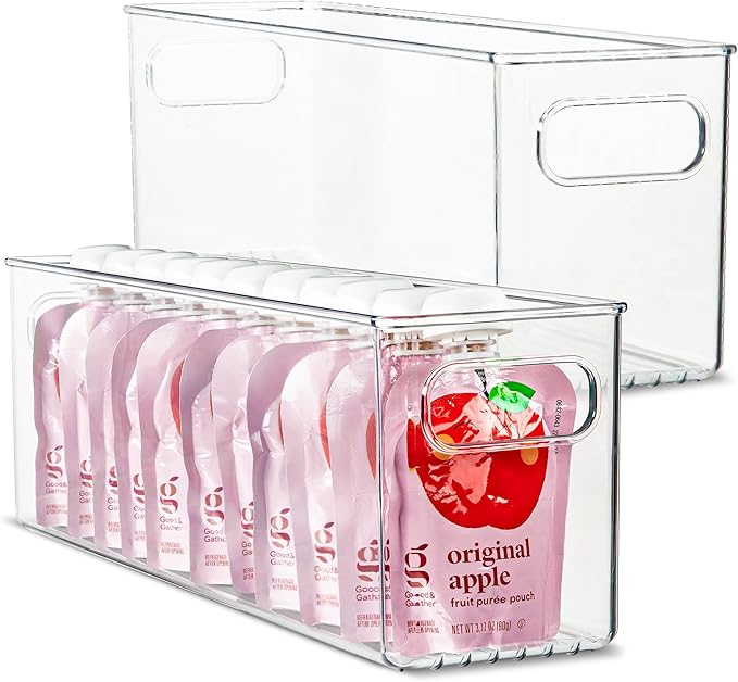Plastic Food Storage 2 Pack Clear Container Bin with Handles for Organizing Kitchen, Pantry, Refrigerator, Freezer, Pantry, Cabinet, Closet, Bathroom. 14”x4”x5”