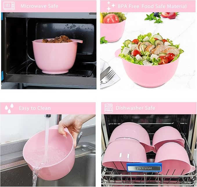BoxedHome 4 Quart Large Plastic Mixing Bowls, Microwave Safe Mixing Bowl Set with Pour Spout, Nesting Bowls for Space Saving Storage(Fading Rose)