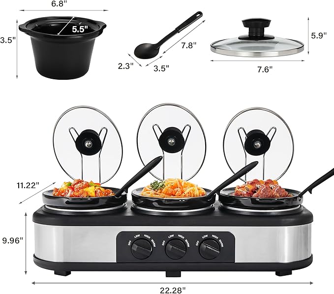 Triple Slow Cooker Buffet Server Food Warmer with 3 Adjustable Temperature Modes, Slow Cooker with 1.5 QT Ceramic Pot, Removeable Glass Lid and 3 PVC Spoons, Dishwasher Safe, Stainless Steel