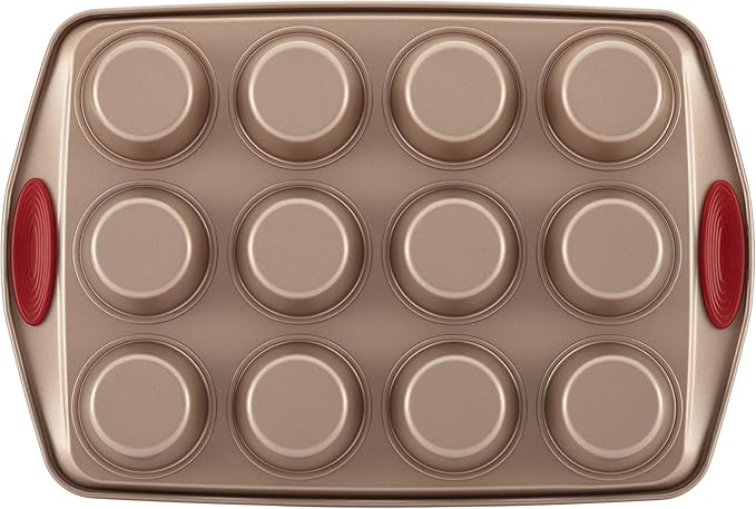 Rachael Ray Cucina Nonstick Bakeware Set Baking Cookie Sheets Cake Muffin Bread Pan, 10 Piece, Latte Brown with Cranberry Red Grips