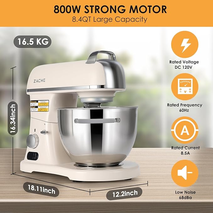 8.4QT Commercial Stand Mixer 800W with NSF Certified and Aluminum Die Casting, Mixers Kitchen Electric Stand Mixer Metal Food Mixer with Stainless Steel 8L Bowl, Dough Hook, Whisk and Beater