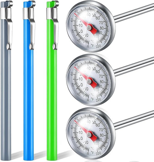 Xuhal 3 Pcs Stainless Steel Kitchen Thermometer with 5 Inch Long Stem 1 Inch Dial Thermometer Milk Frothing Food for Oven Probe Meat Grill BBQ Cooking Chocolate Water (Gray,Green,Blue)