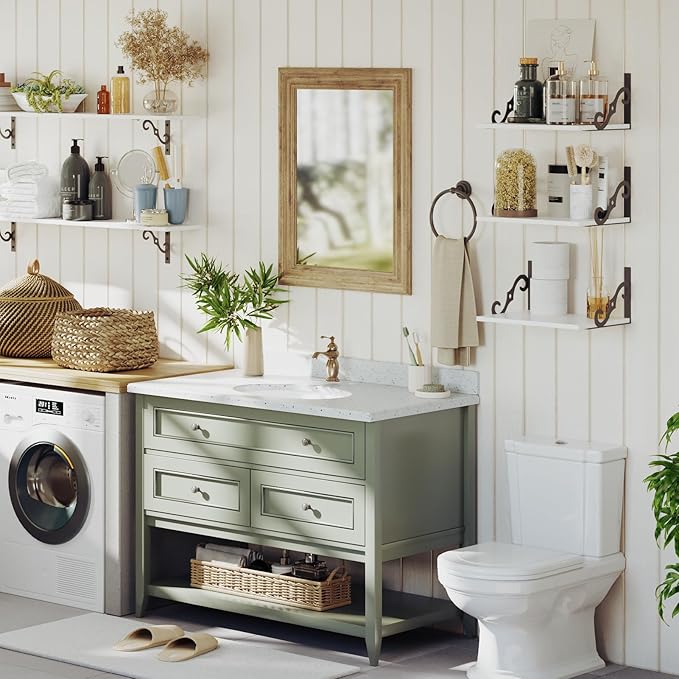 DINZI LVJ Deep Floating Shelves, 16" W x 12" D Wall Shelves Set of 2, Wide Display Shelf Wall Mounted with Brackets, Easy-to-Install Wall Bookshelf for Living Room, Bathroom, Bedroom, White