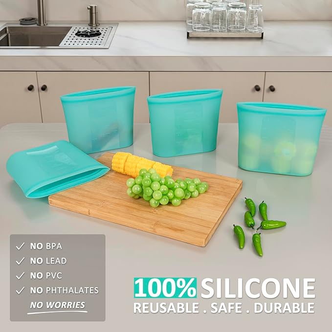 Reusable Freezer Bags Quart Size, 4 Pack, 100% Silicone Stand Up Ziplock Reusable Silicone Food Storage Bags Sandwich Bags Containers, Freezer Microwave Oven Dishwasher Safe, Aqua, 33.8fl.oz