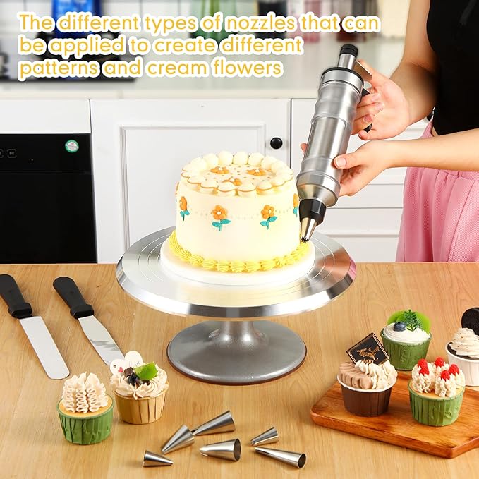 Nuogo 154 Pcs Aluminum Cake Decorating Tools Kit with 12 Inch Aluminum Cake Turntable, Cake Decorating Gun with 6 Heads, 34 Pcs Cake Decorating Set, 11 Cream Spatula Set, 100 Cream Piping Bag