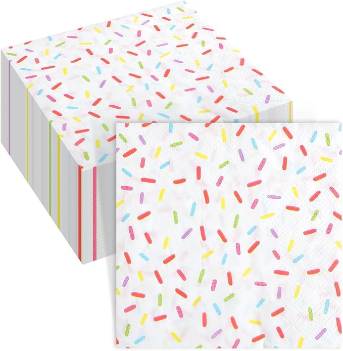 100 Pcs Sprinkles Napkins 2 Ply Disposable Paper Napkins for Baby Shower Birthday Party Theme Table Decor Supplies(White,Donut)