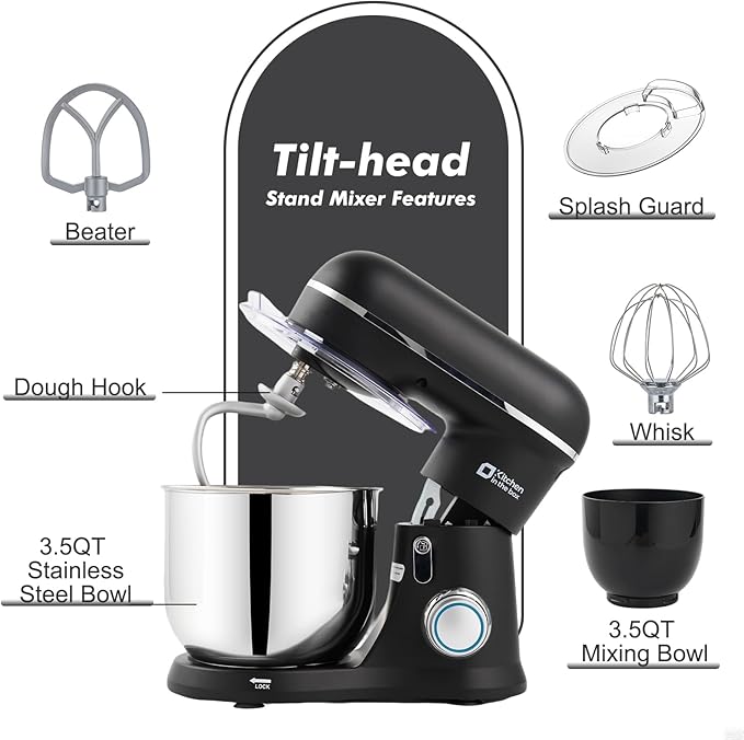 Kitchen in the Box Stand Mixer, 3.5QT Two Bowls Small Kitchen Electric Mixer, 10-Speed Portable Lightweight Matte Finish with Egg Whisk, Dough Hook, Beater (Onyx Black, 3.5QT)