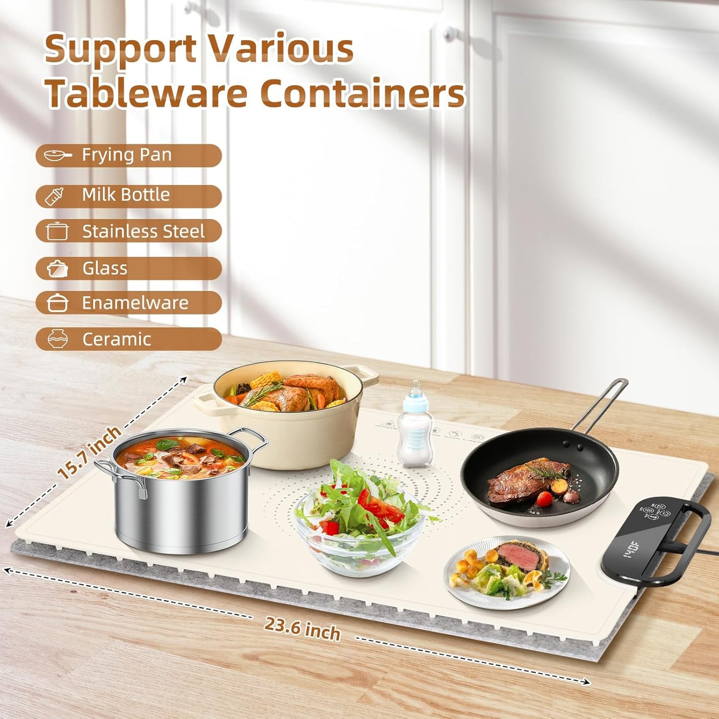 Electric Warming Tray with 7 Adjustable Temperatures, Hanging & Foldable Food Warmer Mat with Child Lock, 11 Timer Settings, Fast Heating Plate for Buffet, Paties, Family Gatherings, Holidays, Beige