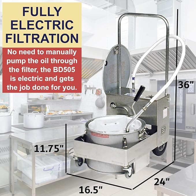 MirOil BD505 Electric Oil Filter Machine & Discard Trolley, Portable Oil Filter Machine for 55lb Fryer Grease, Filtration System for Deep Fryers for Food Trucks, Caterings, Restaurants & Food Services