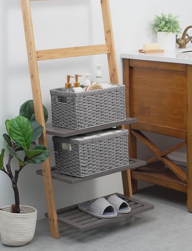 StorageWorks Round Paper Rope Storage Baskets, Rectangular Wicker Baskets with Built-in Handles, Gray, 2-Pack