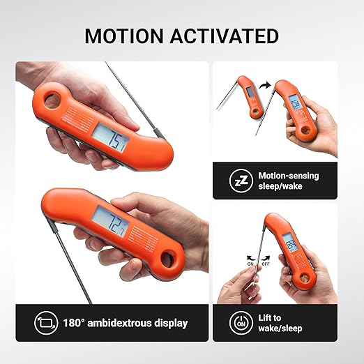 Professional Meat Thermometer Digital, Ultra-Fast 0.5 Sec Instant Read, NIST Certified ±0.5°F Accuracy, 100% Waterproof, Auto-Rotating Backlit Display, Lift-to-Wake, for BBQ/Candy, Orange&Gray