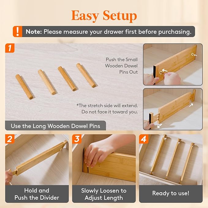 Lifewit 8 Pack Drawer Dividers Bamboo 4" High, 16-22" Adjustable Drawer Organizers for Clothes, Expandable Dresser Separators in Bedroom/Bathroom/Kitchen/Fridge/Office Organization and Storage