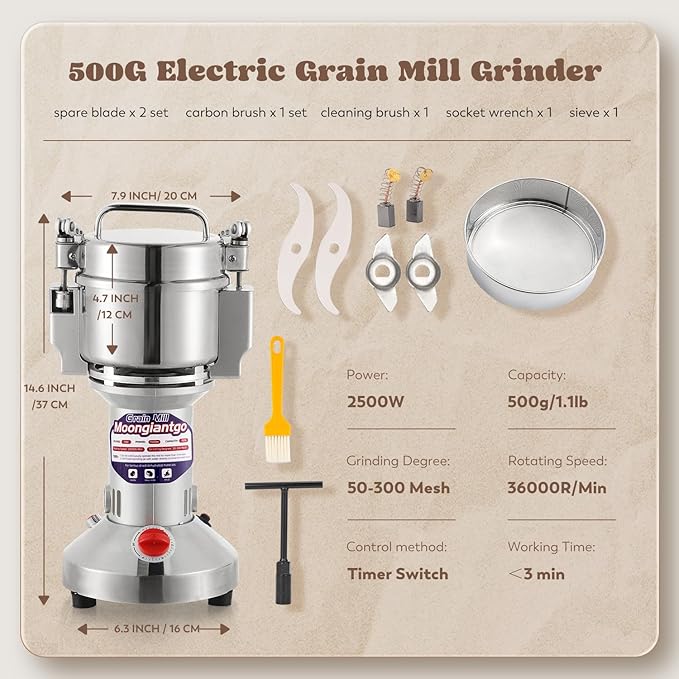 Moongiantgo Grain Mill Grinder Electric 500g Commercial Spice Grinder 2500W Stainless Steel Pulverizer Dry Grinder Grinding Machine (500g Upright, 110V)
