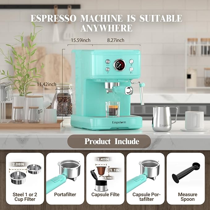 Espresso Machine Latte Coffee Makers 20 Bar, 2 IN 1 Professional Cappuccino Machine and Milk Frother Steam Wand Compatible for NS Original Capsules for Home Brewing - Blue