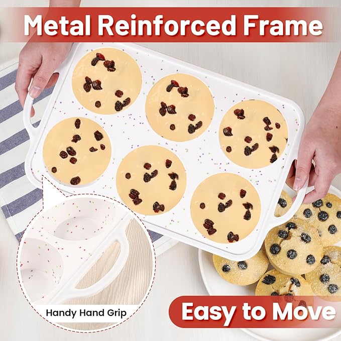 CAKETIME Large Muffin Pan, Metal Reinforced Frame 3.5 Inch Jumbo Silicone Muffin Pan Nonstick 6 Cups for Baking Jumbo Muffin, Frittatas, Jumbo Cupcakes 2 Pack