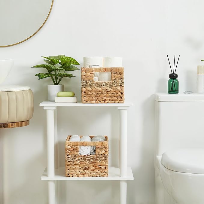 Hand-woven Water Hyacinth Baskets, Pantry Organizers and Storage with Handles, Decorative Wicker Baskets for Organizing Shelves, Laundry (10x8.5x7in 2-Pack, Natural Hyacinth)