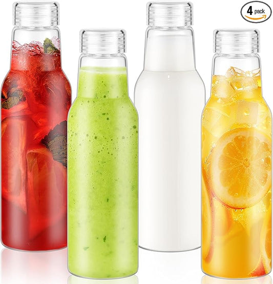 25 Oz Glass Bottles with Lids, Glass Juice Bottles, Smoothies, Water, Milks, Beverage Storage, Clear Glass Jars for Pickles, Food Storage (4 Pack)