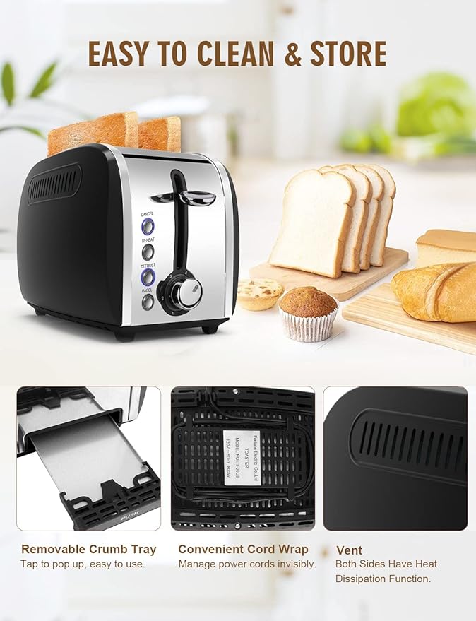 Toaster 2 Slices, Stainless Steel JEWJIO Retro Toaster with 1.5" Extra Wide Slot for 6 Bread Shades Setting/Bagel/Defrost/Reheat/Cancel Function/Removable Crumb Tray 800W, Matte Black