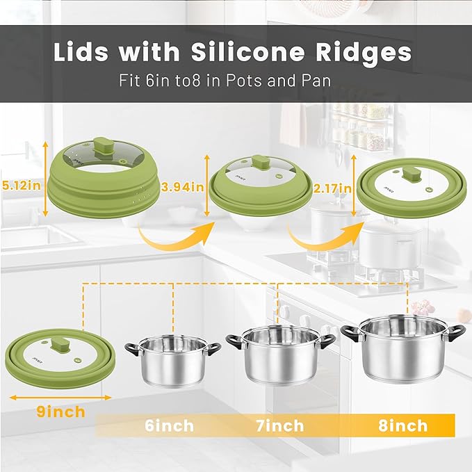 Microwave Splatter Cover, Vented Silicone and Glass Cover Splatter Guard Lid, Food Collapsible Plate Cover Lid with Easy Grip Handle. (Green, 9 inch)