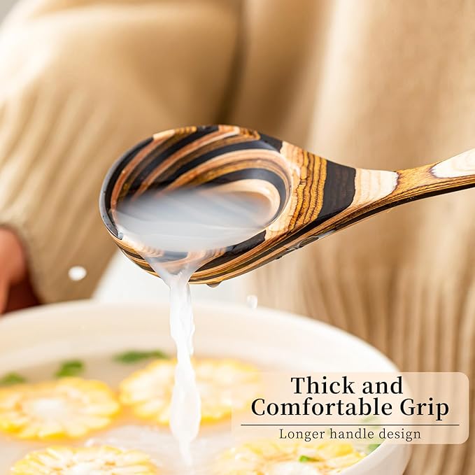 Gudamaye Pakkawood Deep Soup Ladles, 10.6 inch Big Wooden Ladle for Cooking, Wooden Kitchen Utensils Set