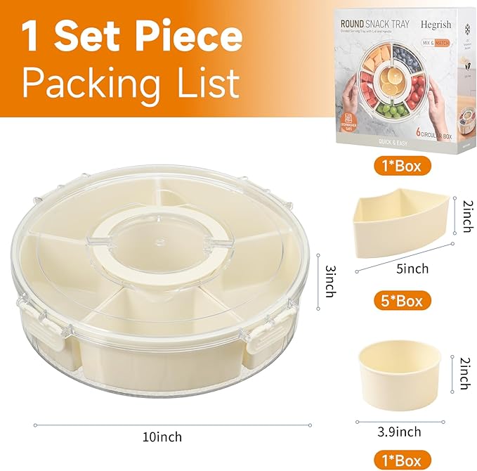 Small Divided Rotating Serving Tray with Lid and Handle,Portable Snackle Box Container,Spinner Organizer and Storage for Adults,Child,Fruits,Candy,Nuts,Veggie,Charcuterie,Snacks,Picnic,Travel, Party