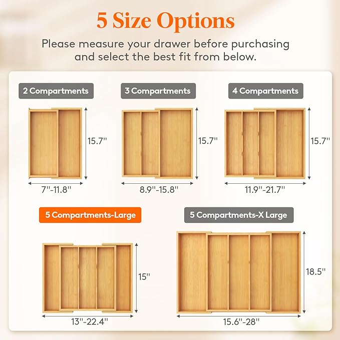 Lifewit Utensil Organizer for Kitchen Drawer, Expandable Cooking Utensil Tray, Bamboo Cutlery Silverware Flatware Holder, Adjustable Spatula Tools and Gadgets Storage Divider, Large, Black