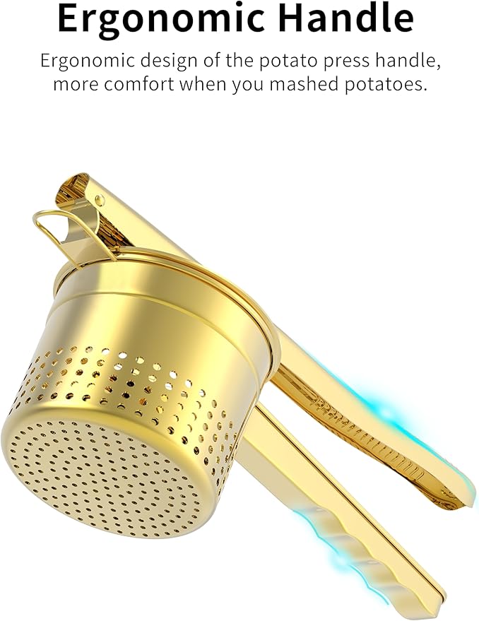 Large 15oz Potato Ricer Masher, Heavy Duty Stainless Steel Potato Masher with Ergonomic Handle, Masher and Ricer Kitchen Tool for Mashed Potatoes, Noodle Maker, Gold