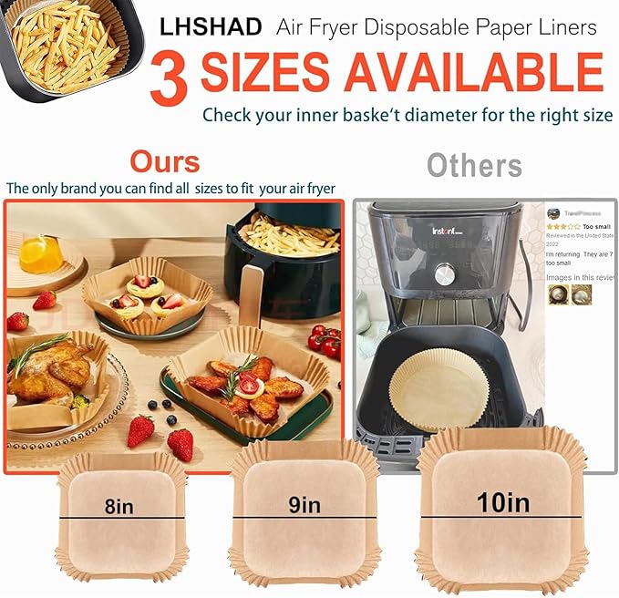 Air Fryer Disposable Paper Liner Square 10 Inch, 100Pcs Largest Square Air Fryer Paper Liners for 8-12QT Air fryer, Non-stick Food Grade Parchment Paper for Frying, Cooking, Roasting and Microwave