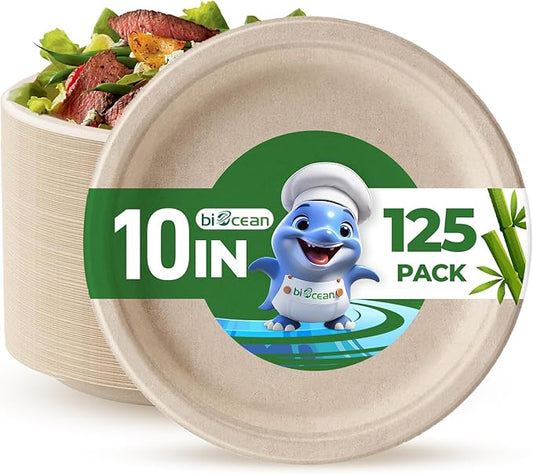 10 Inch Compostable Plates 125 Pack Heavy Duty Compostable Paper Plate, Natural Sugarcane Bagasse Disposable Plates, Brown Biodegradable Plates for Dinner, Party, and Weddings (Round)