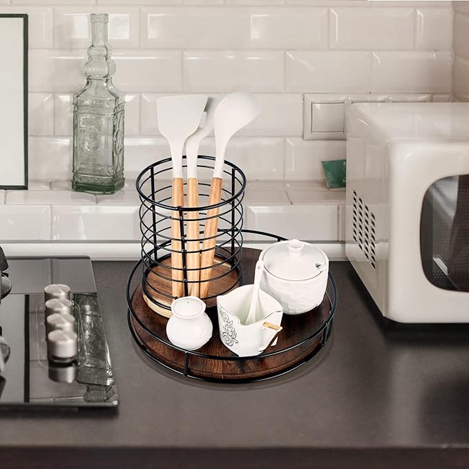 12 Inch Wood Lazy Susan, Rustic Brown Turntable Organizer with Steel Frame, 360 Degree Decorative Turntable for Countertop or Centerpieces