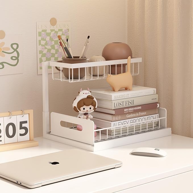 bukfen Under Sink Organizer, Pull Out Home Organizers 2-Tier Slide Out Sliding Shelf Under Cabinet Storage Multi-Use for Under Kitchen Bathroom Sink Organizers and Storage,White,2 Pack