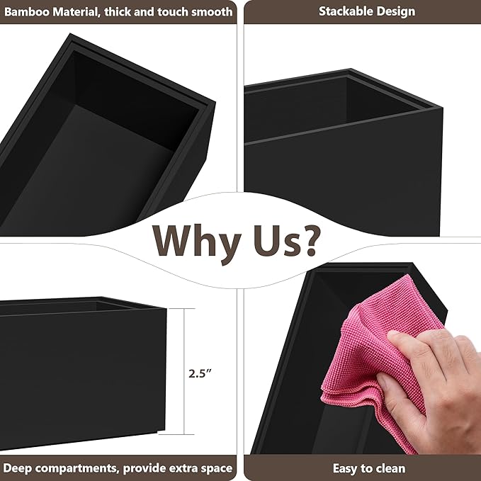 Kitchen Drawer Organizer Bins, Black Bamboo Drawer Organizer Stackable for Silverware, Utensils, Cutlery, Flatware, for Junk Drawer, Dresser, Bathroom, 12" x 3" x 2.5" (Set of 2)