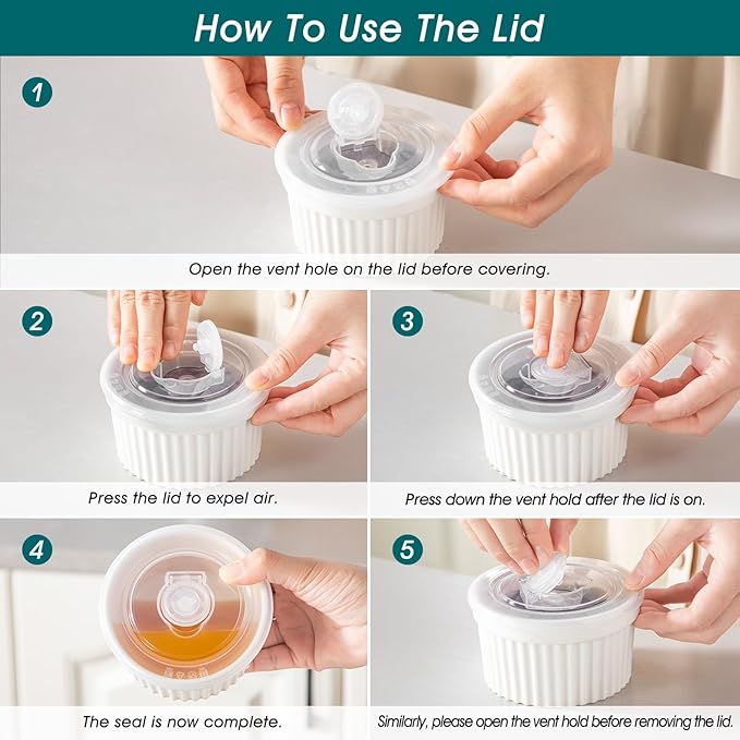 vancasso 6 oz Ramekins with Lid, Porcelain Creme Brulee Souffle Dishes, White Pudding Custard Cups Ramiken for Baking, Dishwasher and Oven Safe, Set of 6