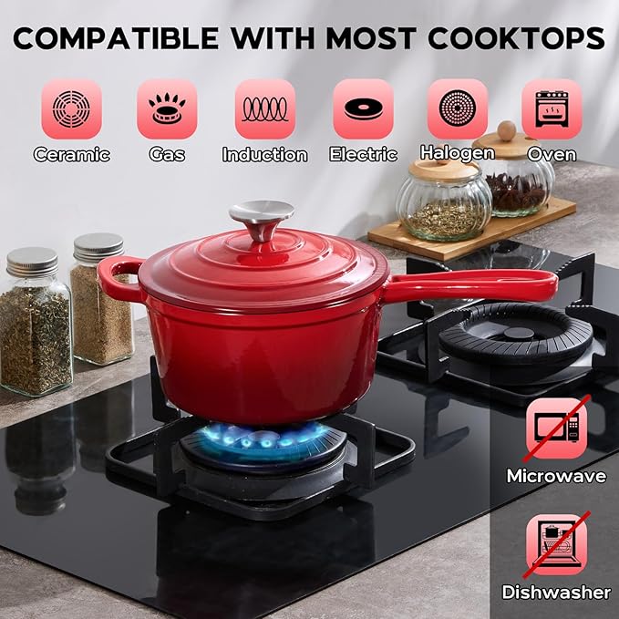 Enameled Cast Iron Sauce Pan, Onader 1QT Small Saucepan with Lid, Cast Iron Sauce Pot Enamel Dutch Oven, Nonstick & Heavy Duty – Red