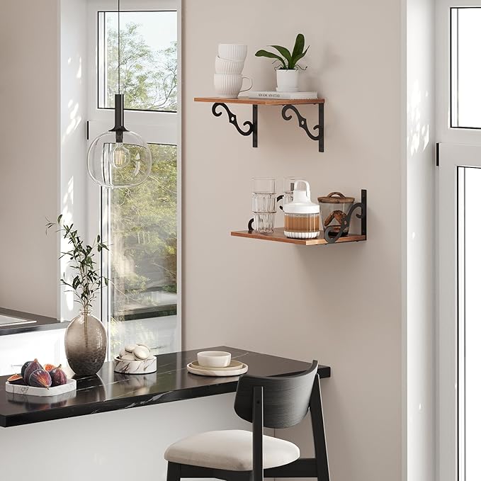 DINZI LVJ Deep Floating Shelves, 16" W x 12" D Wall Shelves Set of 2, Wide Display Shelf Wall Mounted with Brackets, Easy-to-Install Wall Bookshelf for Living Room, Bathroom, Bedroom, Rustic Brown