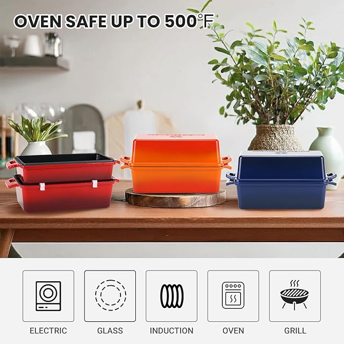 2 in 1 Enameled Cast Iron Bread Pan with Lid, Perfect Bread Oven, Loaf Pans for Baking Homemade Sourdough Bread 9x5, 2 Piece set, Navy Blue