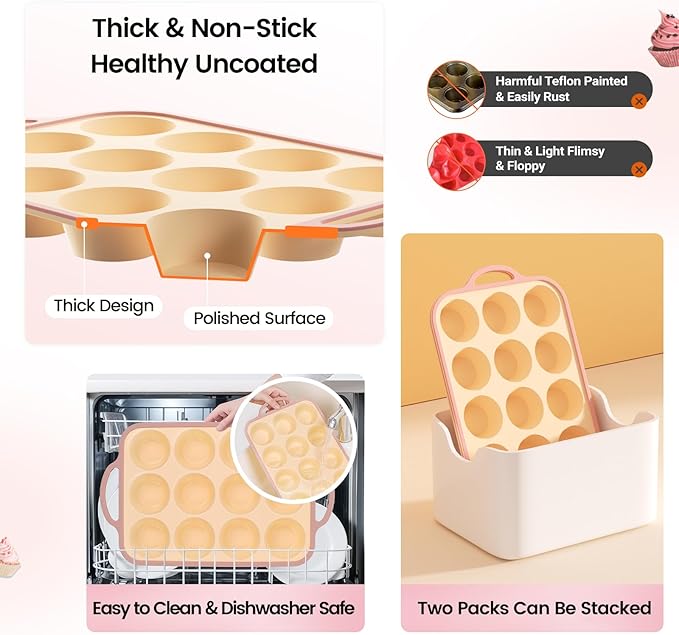 Silicone Muffin Pans for Baking 1 Pack, 2.6 Inch with Metal Reinforced Frame, Regular Size Nonstick Silicone Cupcake Pan for Baking Homemade Muffins, Cupcakes, Dishwasher Safe BPA Free-Yellow