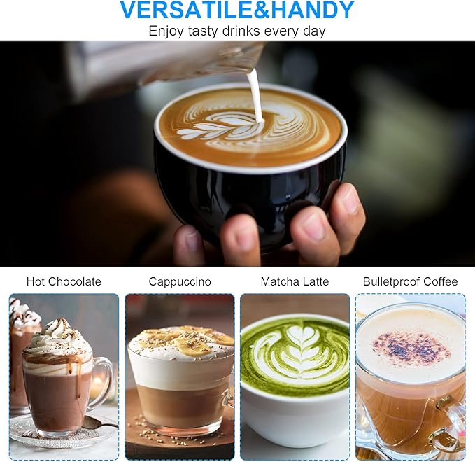 WanderLand Rechargeable Handheld Milk Frother Wand for Coffee,Drink Mixer with Stainless 2 Whisks, Electric Whisk 3 Speeds Adjustable, for Latte, Cappuccino, Hot Chocolate （Black）