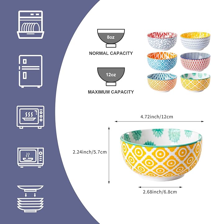 Ceramic Dessert Bowls Set - 11 Oz Porcelain Ice Cream Bowl for kitchen - 4.7 Inch Small Cereal Bowl for Salad, Fruits, Ramen - Microwave Dishwasher Safe - Set of 6 - Assorted Colors