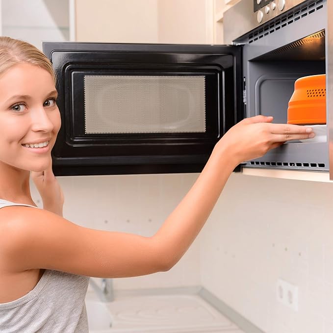 Collapsible Microwave Cover for Food - Silicone and Glass Splatter Guard Lid for 6-12 inch Plates & Bowls, Dishwasher Safe, Heat Resistant, BPA-Free, Orange